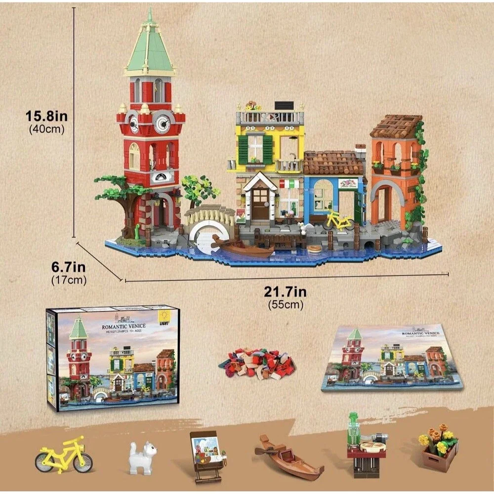 Plaxsoon Building Blocks Venice Street Lights City Shops Canal European Villa